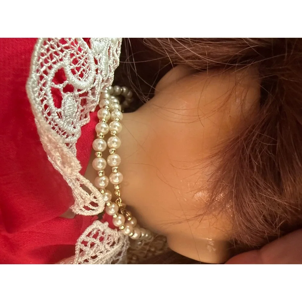 Vintage Wernicke German Doll Red Lace Heart‎ Dress Echt Leder Shoes Brown Hair
